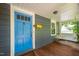 Inviting front porch with a blue door, yellow mailbox and a comfortable porch swing at 218 Lafayette Rd, Raleigh, NC 27604