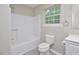 Bathroom featuring a tub/shower combo, toilet, vanity, and natural light at 2708 Sundial Cir, Durham, NC 27704