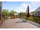 Wooden deck with an umbrella and view of the backyard at 525 Marion Hills Way, Knightdale, NC 27545