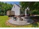 Charming outdoor patio with stone fire pit, comfortable seating, and mature trees offering a perfect entertainment area at 5413 Lower Creek Ct, Apex, NC 27539