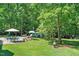 Backyard pool with outdoor seating, umbrella, shed, and lush greenery at 65 Georgetown Woods Dr, Youngsville, NC 27596