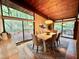 Stylish dining room featuring a modern light fixture, hardwood floors, and picturesque views of the outdoors at 808 Indian Springs Rd, Chapel Hill, NC 27514