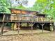 Rear exterior view of house showing deck with metal railing and large windows, framed by lush trees at 808 Indian Springs Rd, Chapel Hill, NC 27514