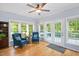 Cozy living area with armchairs, windows overlooking the lush backyard and a door leading to a deck or patio at 904 Oldwyck Dr, Fuquay Varina, NC 27526