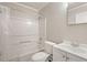 Clean bathroom with a tub-shower combination and a white vanity for a fresh look at 1411 Hudson Ave, Durham, NC 27705