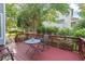 Exterior view of a wooden deck with outdoor seating and views of the yard at 1504 Haventree Rd, Durham, NC 27713