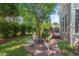 Patio featuring brick pavers, outdoor seating, fire pit and lush landscaping at 1504 Haventree Rd, Durham, NC 27713