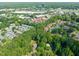 Expansive aerial view of a residential area showcases homes among lush greenery in a suburban neighborhood at 1605 Valley Run, Durham, NC 27707