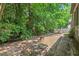 Backyard showcasing a stone fire pit and minimal grass space surrounded by lush foliage at 19 Knightsbridge Ct, Durham, NC 27707