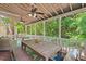 Spacious screened porch with ample seating, a dining table, and scenic views of the surrounding trees at 19 Knightsbridge Ct, Durham, NC 27707