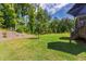 Expansive, well-maintained backyard featuring lush green grass and mature trees offers ample space for outdoor activities at 1928 Vandiver Way, Apex, NC 27523