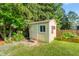 Backyard shed near garden bed and forest area is perfect for storage and is well-maintained at 303 Sylvias Ct, Durham, NC 27703