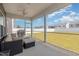 Covered screened porch with outdoor seating overlooking a spacious, fenced backyard at 311 Horseshoe Pl, Angier, NC 27501