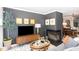 Living room with dark accent wall, fire place, and views to dining area at 318 Silverberry Ct, Cary, NC 27513