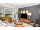 Living room featuring a media center, fireplace, neutral colors and large windows at 318 Silverberry Ct, Cary, NC 27513