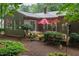 Backyard with a patio, mature trees, and a red umbrella at 3285 Edinburgh Dr, Sanford, NC 27332
