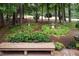 Backyard featuring mature trees, lush landscaping, and a wooden bench at 3285 Edinburgh Dr, Sanford, NC 27332