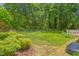 Spacious backyard featuring mature trees, lush lawn, disc golf, and a deck with seating at 3806 Lochnora Pkwy, Durham, NC 27705