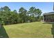 Manicured backyard with lush green grass, mature trees, and a storage shed at 550 Spring Flowers Dr, Cameron, NC 28326