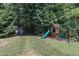 Aerial view of lush backyard featuring a shed and playset at 6509 Conaway Ct, Wake Forest, NC 27587