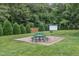 The picnic area is a delightful spot with green tables, a grill, and storage shed at 6509 Conaway Ct, Wake Forest, NC 27587