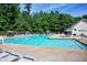 Community pool with clear blue water, surrounded by lounge chairs, umbrellas, and lush greenery at 709 Bonhurst Dr, Holly Springs, NC 27540