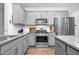 Modern kitchen features granite countertops, stainless steel appliances, and stylish gray cabinetry at 98 Panmure, Rocky Mount, NC 27804