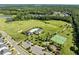 High aerial view of community amenities featuring golf course, pool, tennis courts and playground in a serene setting at 98 Stone Bridge Xing # 98, Chapel Hill, NC 27517
