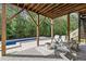 Backyard patio with outdoor seating and fire pit overlooking sparkling pool and lush greenery at 98 Stone Bridge Xing # 98, Chapel Hill, NC 27517