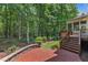 Backyard features include a stone retaining wall, patio, steps, and access to the screened in porch at 104 Bellagio Dr, Apex, NC 27539