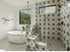Modern bathroom features a freestanding tub, star patterned tile shower, and picture window at 1141 Duke Farm Dr, Wake Forest, NC 27587