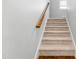 Carpeted staircase featuring a wooden handrail and base at 118 Fox Run Ct, Durham, NC 27705