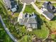 Aerial view of a luxury home showing mature landscaping and a circular driveway in an upscale neighborhood at 1409 Montvale Ridge Dr, Cary, NC 27519