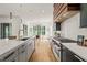 Modern kitchen with large island, quartz countertops and stainless steel oven at 1409 Montvale Ridge Dr, Cary, NC 27519