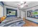 Bedroom features hardwood floors, blue accents, and decorative wall mirror at 2005 Cole Mill Rd, Durham, NC 27712