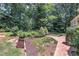 View of a lush green backyard with mature trees, bushes and a brick pathway at 2204 Basil Drive, Raleigh, NC 27612