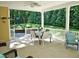 Covered patio with a dining table, fan, outdoor seating, and wooded backyard views at 3650 Pleasants Ridge Dr, Wake Forest, NC 27587