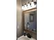 Bathroom featuring a framed mirror above a white sink with modern fixtures, along with decor accents at 3832 Doeskin Dr, Apex, NC 27539