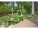 Serene backyard with a pond, lush greenery, and a wooden deck and walkway at 4021 Converse Dr, Raleigh, NC 27609