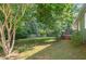 Green backyard featuring mature trees and lush landscaping plus a wooden fence surrounding the property at 5441 Millrace Trl, Raleigh, NC 27606