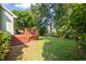 Expansive backyard with a deck, stairs, lush lawn and privacy fence providing a serene retreat at 5441 Millrace Trl, Raleigh, NC 27606