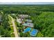 Aerial shot showcases tennis courts and a community clubhouse surrounded by lush greenery at 7552 Hasentree Club Dr, Wake Forest, NC 27587