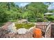Relaxing backyard retreat featuring a tranquil pond, lush landscaping, and comfortable seating at 1004 E Willowbrook Dr, Burlington, NC 27215