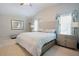 Well-lit main bedroom featuring neutral paint, carpet and blue and white curtains at 1005 Hidden River Ct, Raleigh, NC 27614