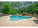 Inviting in-ground pool featuring a slide, umbrella-shaded chairs, and lush greenery with trees at 1005 Hidden River Ct, Raleigh, NC 27614