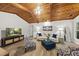 Cozy living room featuring a beautiful wood ceiling and modern furnishings at 107 Wimbledon Ct, Cary, NC 27511
