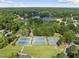 Overhead shot of community tennis courts next to a lake, surrounded by green trees and upscale homes at 107 Wimbledon Ct, Cary, NC 27511