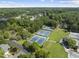 Aerial view featuring neighborhood tennis courts, lake, trees, common areas and winding roads at 107 Wimbledon Ct, Cary, NC 27511