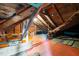 Exposed wooden beam construction of unfinished attic space with painted red flooring at 1090 S Fifth St, Mebane, NC 27302