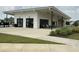 Pool house and patio area featuring covered seating, ceiling fans, black framed windows, and manicured landscaping at 1116 Sidney Creek Dr # 1116, Zebulon, NC 27597